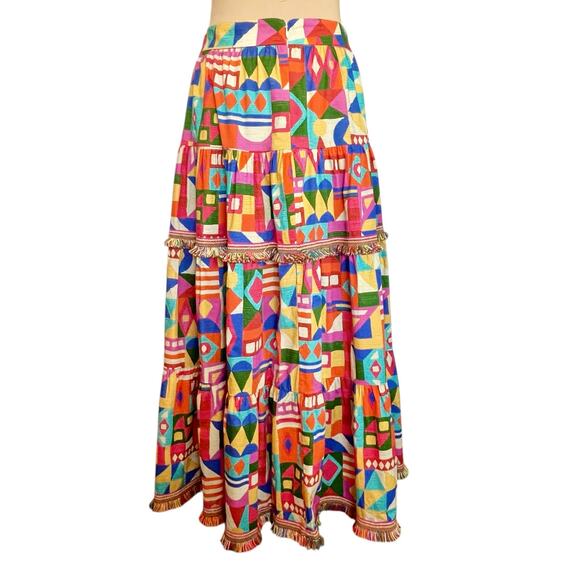 Antonio Melani Bold Multicolor Tiered Maxi Skirt Size 6 Fringed Resort Cruise - Picture 3 of 9